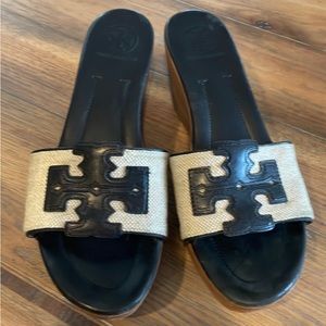 Tory Burch Leather/Canvas Wedge Sandals